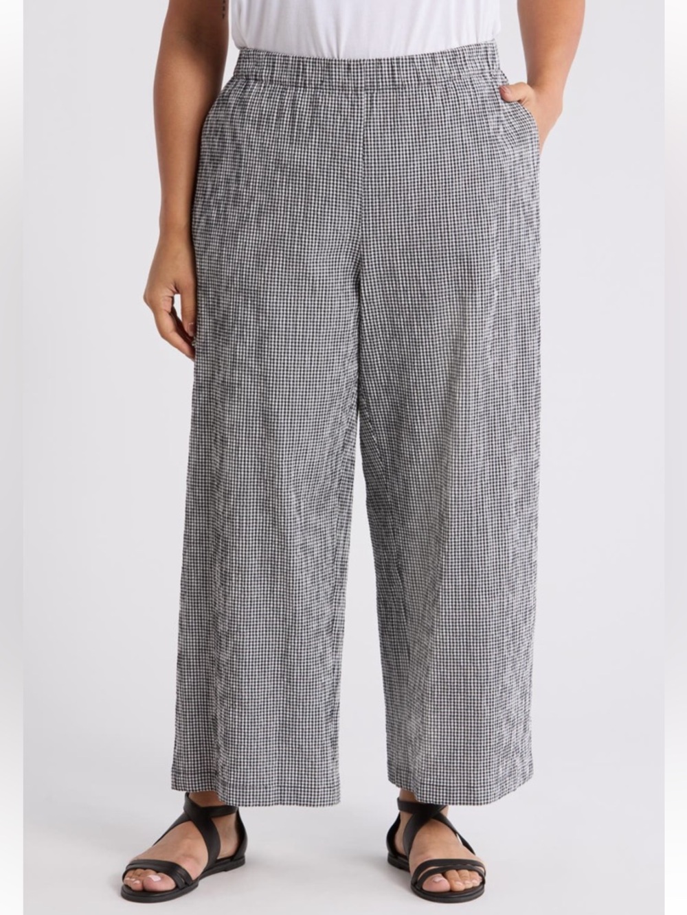 MAKE AN OFFER - EILEEN FISHER Ankle Linen Gingham Pull-on Pants